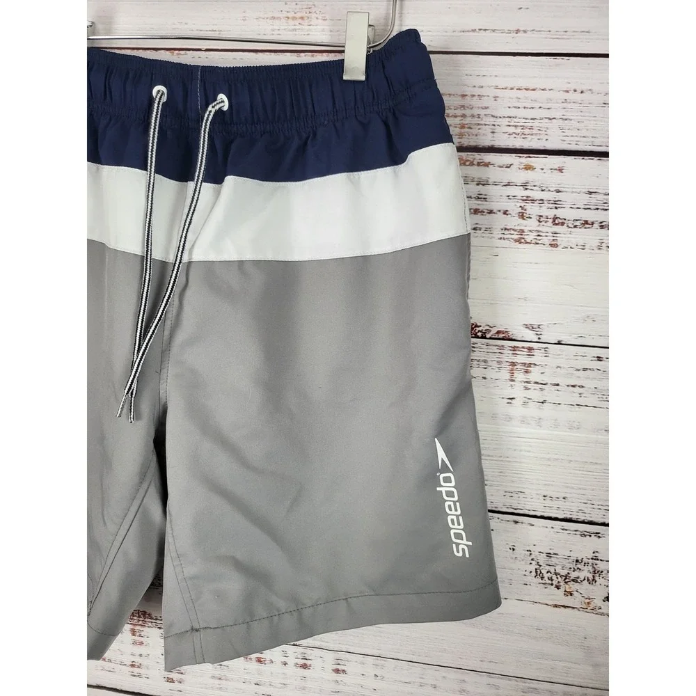 Speedo Swim Trunks M‎ Mens Grey White Blue Pull On Pockets Mesh Lined Swim